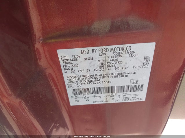 45292359 :رقم المزاد ، 1FTPW14VX7KC20849 vin ، 2007 Ford F-150 Fx4/lariat/xlt مزاد بيع