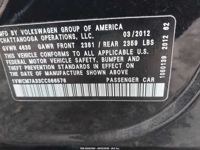 2012 Volkswagen Passat 3.6l V6 Sel Premium მანქანა იყიდება აუქციონზე, vin: 1VWCM7A33CC066576, აუქციონის ნომერი: 45292364