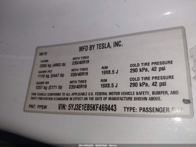 Продаж на аукціоні авто 2019 Tesla Model 3 Long Range/performance, vin: 5YJ3E1EB5KF469443, номер лоту: 45292365