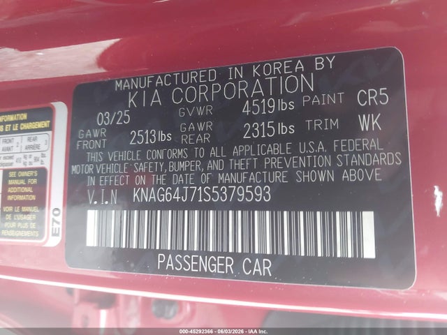 Aukcja sprzedaży 2025 Kia K5 Gt-line, vin: KNAG64J71S5379593, numer aukcji: 45292366