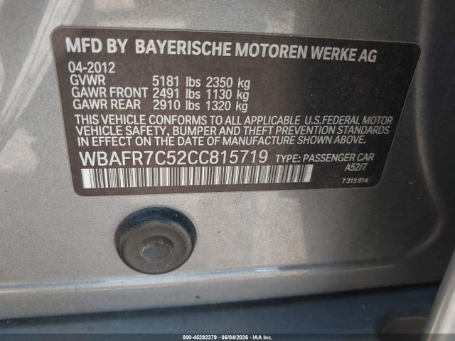 Aukcja sprzedaży 2012 Bmw 535i, vin: WBAFR7C52CC815719, numer aukcji: 45292379