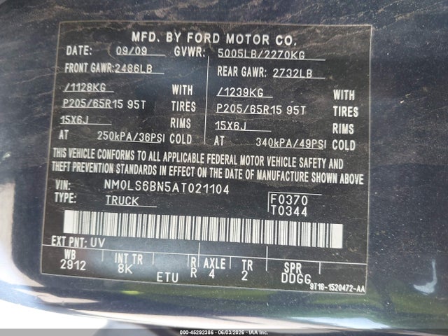 2010 Ford Transit Connect Xlt მანქანა იყიდება აუქციონზე, vin: NM0LS6BN5AT021104, აუქციონის ნომერი: 45292386