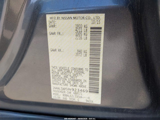Продажа на аукционе авто 2015 Nissan Altima 2.5 S, vin: 1N4AL3AP5FN923469, номер лота: 45292407