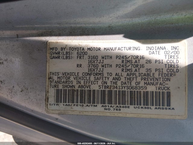 Продаж на аукціоні авто 2000 Toyota Tundra Sr5 V8, vin: 5TBRT3413YS068359, номер лоту: 45292408