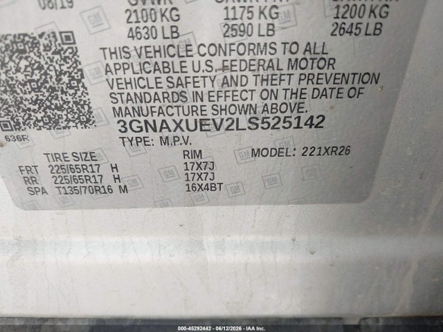 Продажа на аукционе авто 2020 Chevrolet Equinox Awd Lt 1.5l Turbo, vin: 3GNAXUEV2LS525142, номер лота: 45292442