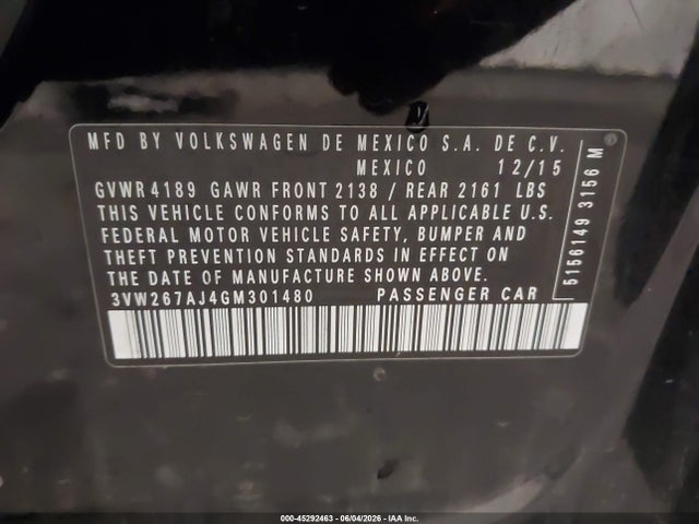 45292463 :رقم المزاد ، 3VW267AJ4GM301480 vin ، 2016 Volkswagen Jetta 1.4t S مزاد بيع