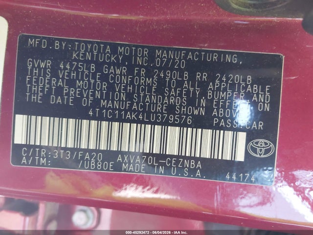 Продаж на аукціоні авто 2020 Toyota Camry Le, vin: 4T1C11AK4LU379576, номер лоту: 45292472