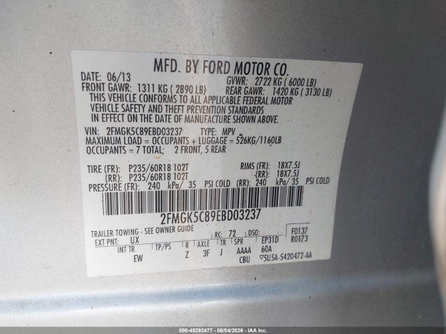 2FMGK5C89EBD03237 Ford FLEX SEL