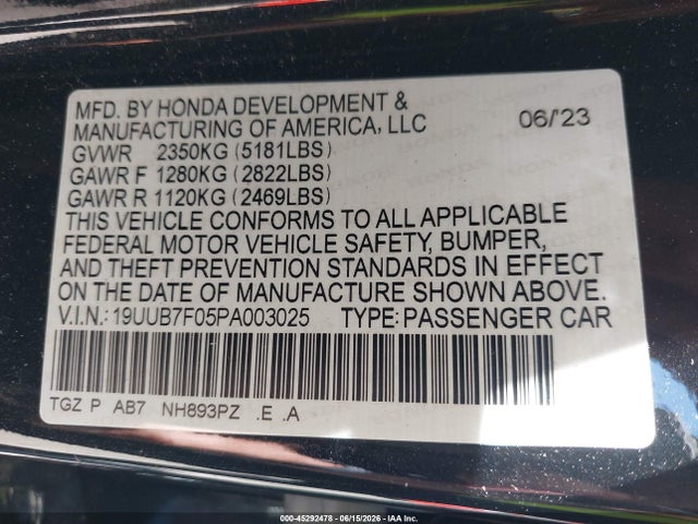 Aukcja sprzedaży 2023 Acura Tlx Type S/type S Pmc Edition, vin: 19UUB7F05PA003025, numer aukcji: 45292478