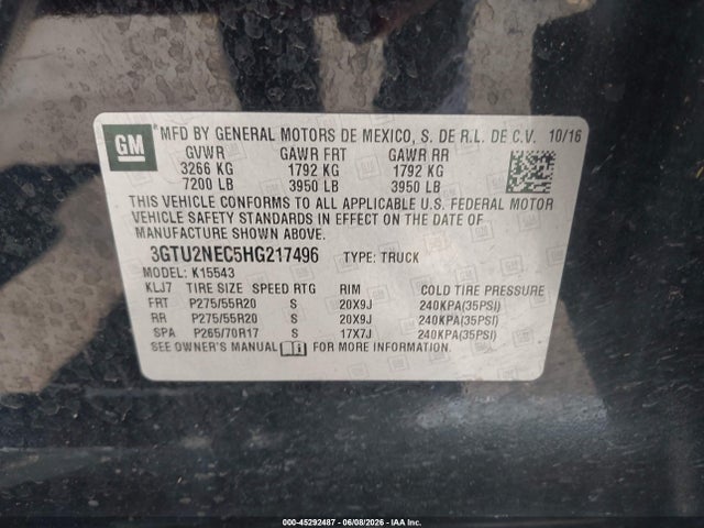 2017 Gmc Sierra 1500 Slt მანქანა იყიდება აუქციონზე, vin: 3GTU2NEC5HG217496, აუქციონის ნომერი: 45292487