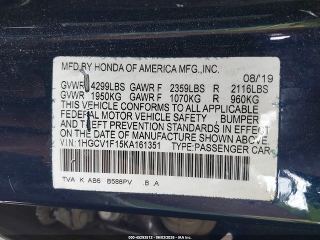 1HGCV1F15KA161351 Honda ACCORD LX