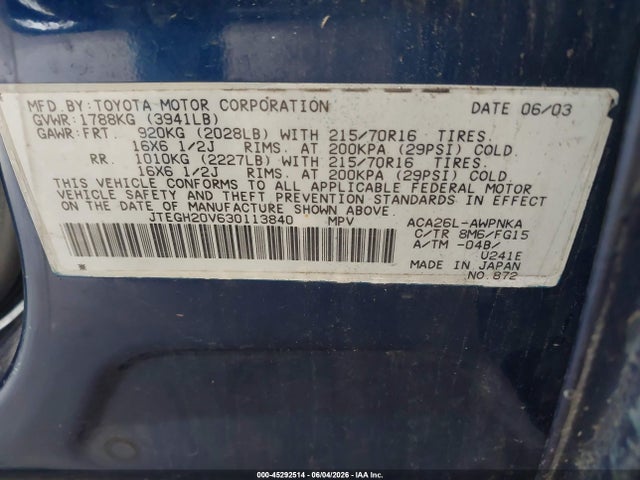 45292514 :رقم المزاد ، JTEGH20V630113840 vin ، 2003 Toyota Rav4 مزاد بيع