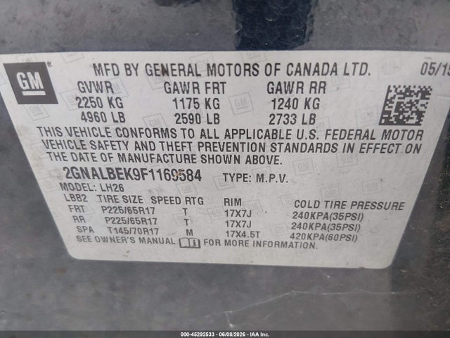 45292533 :رقم المزاد ، 2GNALBEK9F1169584 vin ، 2015 Chevrolet Equinox 1lt مزاد بيع