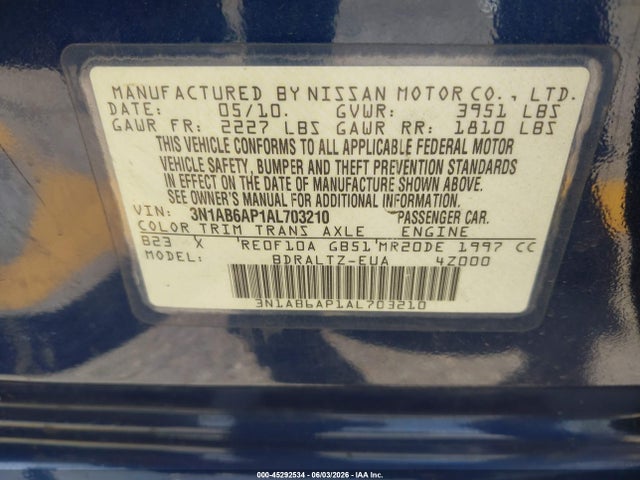 Продажа на аукционе авто 2010 Nissan Sentra 2.0s, vin: 3N1AB6AP1AL703210, номер лота: 45292534
