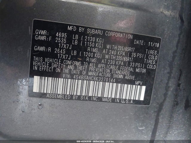 45292539 :رقم المزاد ، 4S4BSAHC6K3270144 vin ، 2019 Subaru Outback 2.5i Premium مزاد بيع