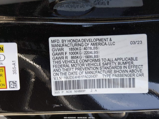 45292540 :رقم المزاد ، 19UDE4H61PA026437 vin ، 2023 Acura Integra A-spec Technology مزاد بيع