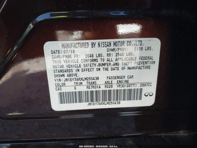 2020 Infiniti Q50 Luxe Awd მანქანა იყიდება აუქციონზე, vin: JN1EV7ARXLM250438, აუქციონის ნომერი: 45292552