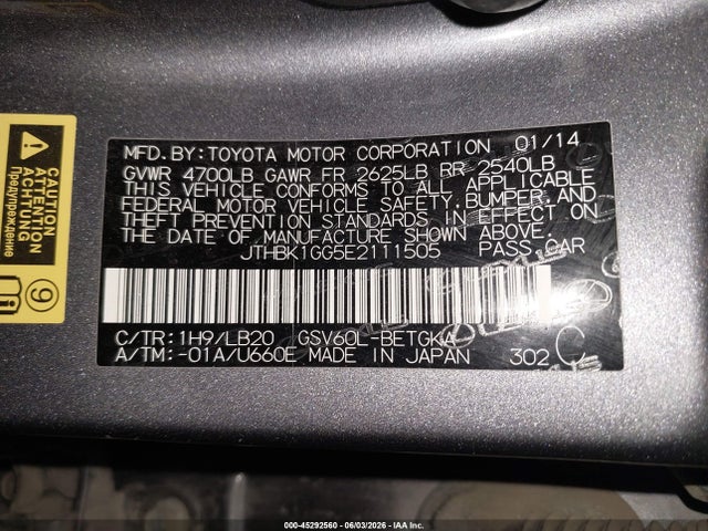 45292560 :رقم المزاد ، JTHBK1GG5E2111505 vin ، 2014 Lexus Es 350 مزاد بيع