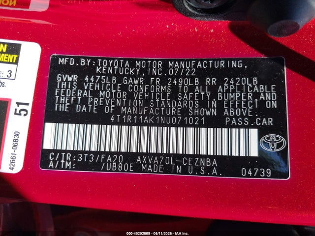Aukcja sprzedaży 2022 Toyota Camry Le, vin: 4T1R11AK1NU071021, numer aukcji: 45292609