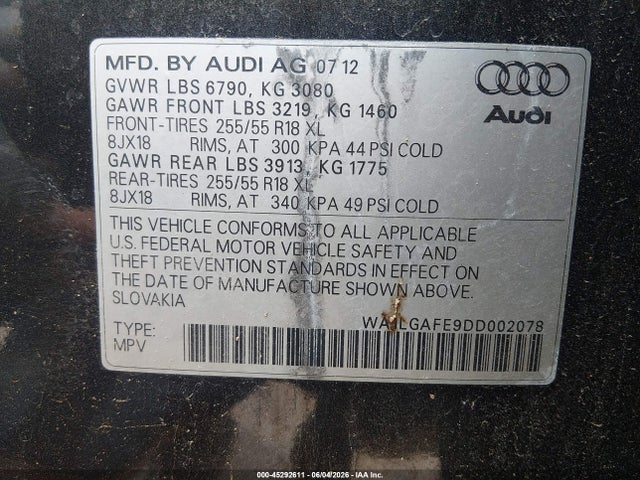 Aukcja sprzedaży 2013 Audi Q7 3.0t Premium, vin: WA1LGAFE9DD002078, numer aukcji: 45292611