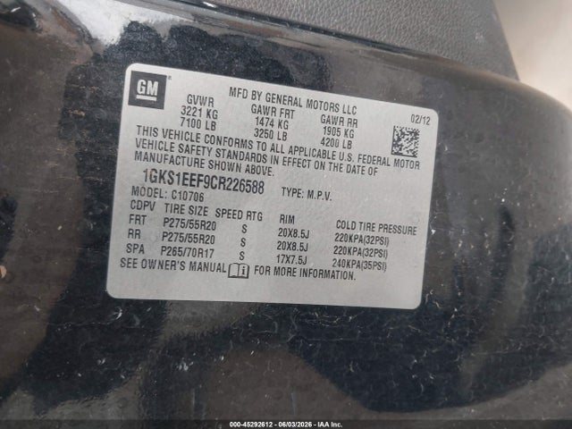 2012 Gmc Yukon Denali მანქანა იყიდება აუქციონზე, vin: 1GKS1EEF9CR226588, აუქციონის ნომერი: 45292612