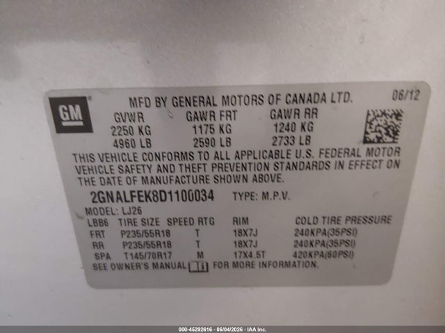 Продажа на аукционе авто 2013 Chevrolet Equinox Ltz, vin: 2GNALFEK8D1100034, номер лота: 45292616