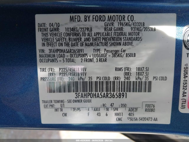 Aukcja sprzedaży 2010 Ford Fusion Se, vin: 3FAHP0HA5AR365891, numer aukcji: 45292650