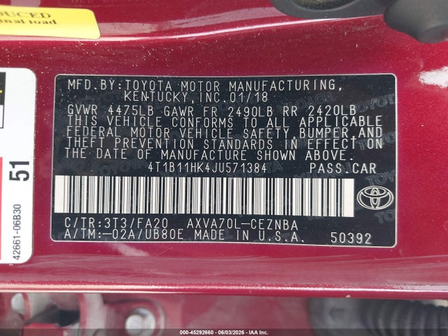 Aukcja sprzedaży 2018 Toyota Camry Le, vin: 4T1B11HK4JU571384, numer aukcji: 45292660
