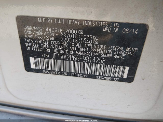 Продаж на аукціоні авто 2015 Subaru Wrx Sti, vin: JF1VA2P66F9814298, номер лоту: 45292682