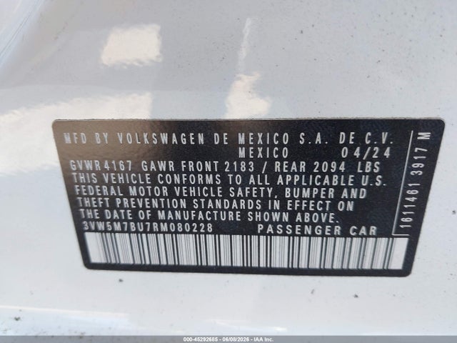 2024 Volkswagen Jetta 1.5t S მანქანა იყიდება აუქციონზე, vin: 3VW5M7BU7RM080228, აუქციონის ნომერი: 45292685