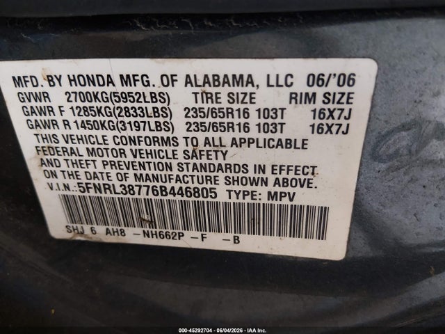 Aukcja sprzedaży 2006 Honda Odyssey Ex-l, vin: 5FNRL38776B446805, numer aukcji: 45292704
