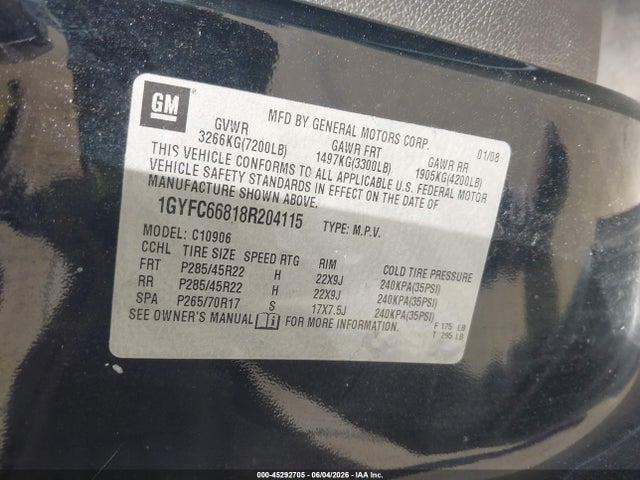 Продаж на аукціоні авто 2008 Cadillac Escalade Esv Standard, vin: 1GYFC66818R204115, номер лоту: 45292705