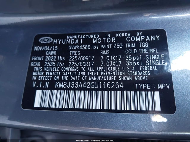 45292711 :رقم المزاد ، KM8J33A42GU116264 vin ، 2016 Hyundai Tucson Se مزاد بيع