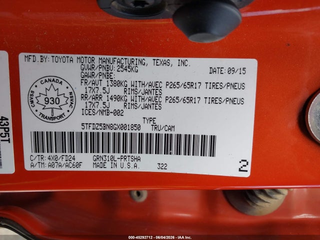 5TFDZ5BN8GX001850 Toyota Tacoma Sr5