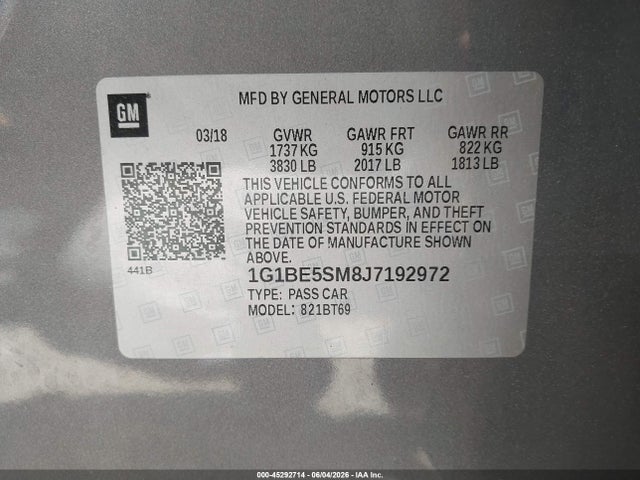 2018 Chevrolet Cruze Lt Auto მანქანა იყიდება აუქციონზე, vin: 1G1BE5SM8J7192972, აუქციონის ნომერი: 45292714