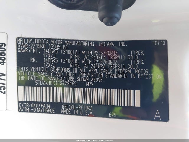 Aukcja sprzedaży 2014 Toyota Sienna L V6 7 Passenger, vin: 5TDZK3DC1ES429465, numer aukcji: 45292722
