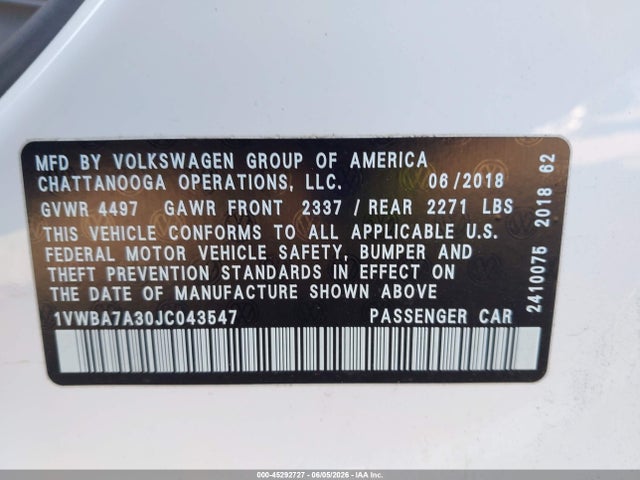 Aukcja sprzedaży 2018 Volkswagen Passat 2.0t Se, vin: 1VWBA7A30JC043547, numer aukcji: 45292727