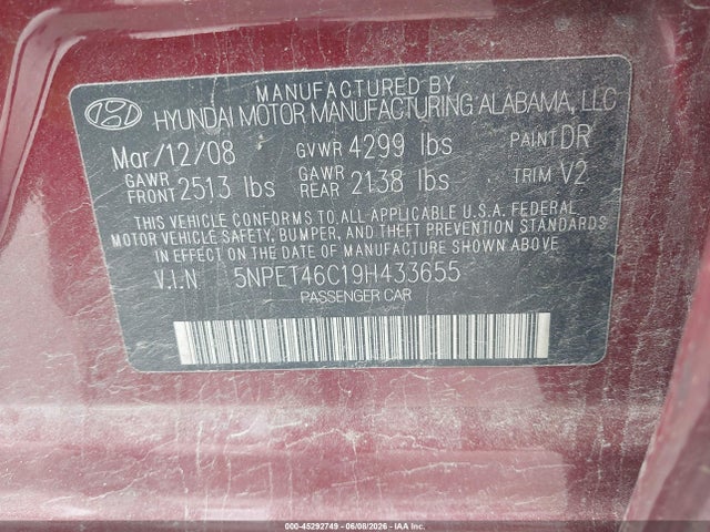 Продажа на аукционе авто 2009 Hyundai Sonata Gls, vin: 5NPET46C19H433655, номер лота: 45292749