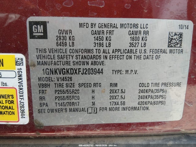 45292752 :رقم المزاد ، 1GNKVGKDXFJ203944 vin ، 2015 Chevrolet Traverse 1lt مزاد بيع