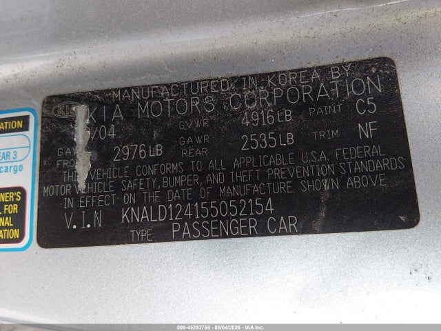 45292766 :رقم المزاد ، KNALD124155052154 vin ، 2005 Kia Amanti مزاد بيع
