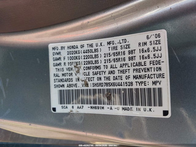45292795 :رقم المزاد ، SHSRD785X6U441528 vin ، 2006 Honda Cr-v Lx مزاد بيع