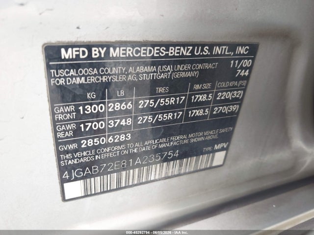 45292794 :رقم المزاد ، 4JGAB72E81A235754 vin ، 2001 Mercedes-benz Ml 430 مزاد بيع