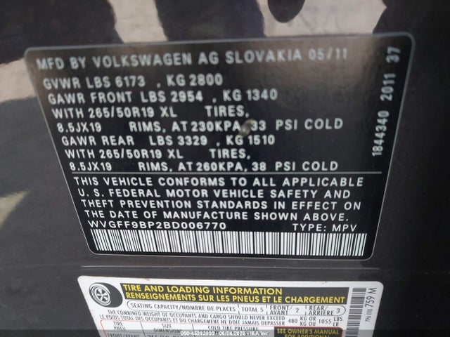 2011 Volkswagen Touareg Vr6 Lux მანქანა იყიდება აუქციონზე, vin: WVGFF9BP2BD006770, აუქციონის ნომერი: 45292800