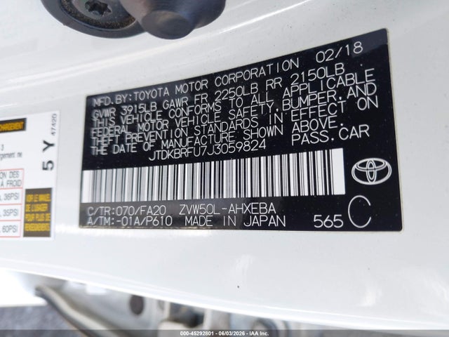 45292801 :رقم المزاد ، JTDKBRFU7J3059824 vin ، 2018 Toyota Prius Two مزاد بيع
