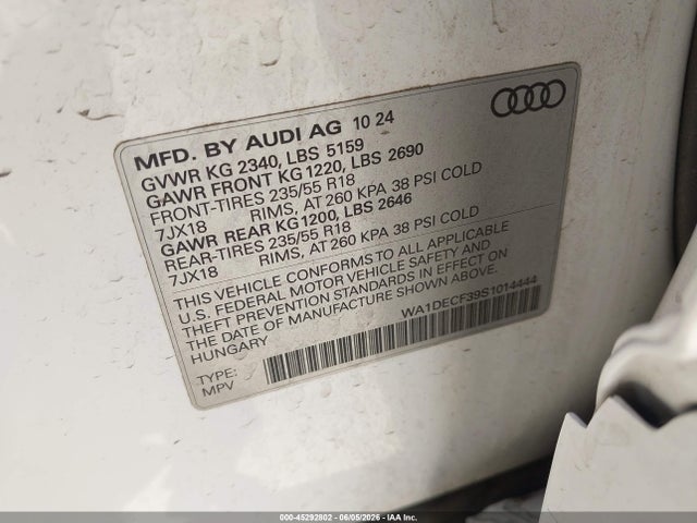Продаж на аукціоні авто 2025 Audi Q3 Premium 45 Tfsi S Line Quattro Tiptronic, vin: WA1DECF39S1014444, номер лоту: 45292802