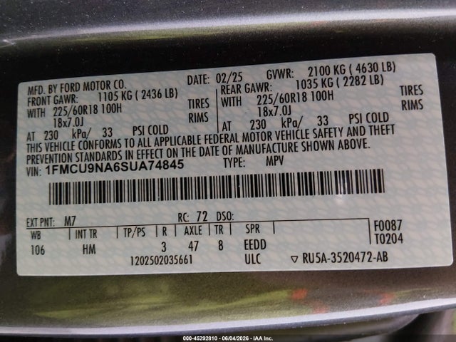 45292810 :رقم المزاد ، 1FMCU9NA6SUA74845 vin ، 2025 Ford Escape St-line Select مزاد بيع