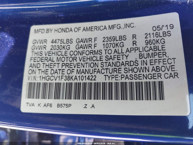 1HGCV1F38KA101422 Honda Accord Sport