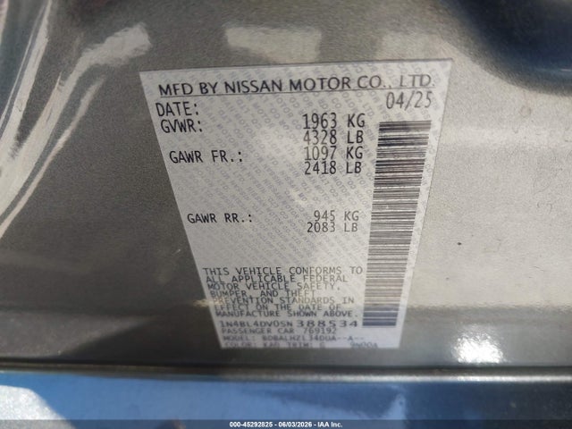 Aukcja sprzedaży 2025 Nissan Altima Sv Fwd, vin: 1N4BL4DV0SN388534, numer aukcji: 45292825