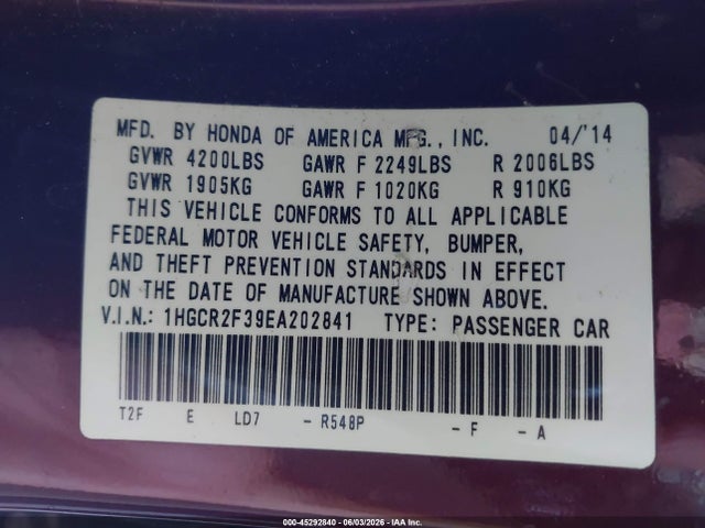 Honda ACCORD LX 2014 1HGCR2F39EA202841 Image 9