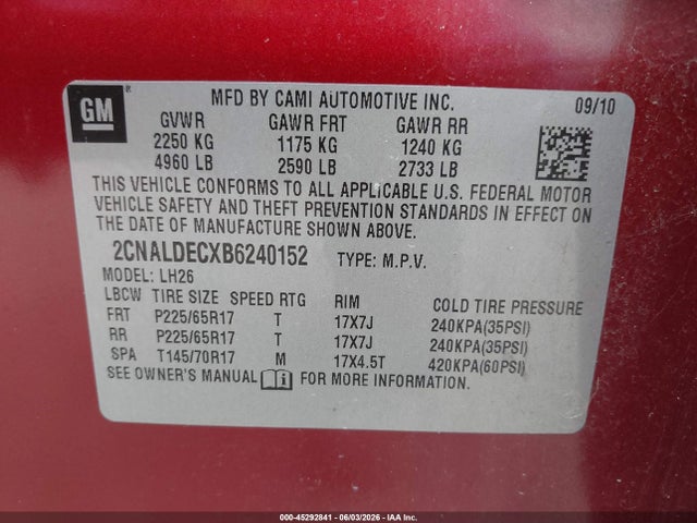 Продажа на аукционе авто 2011 Chevrolet Equinox 1lt, vin: 2CNALDECXB6240152, номер лота: 45292841